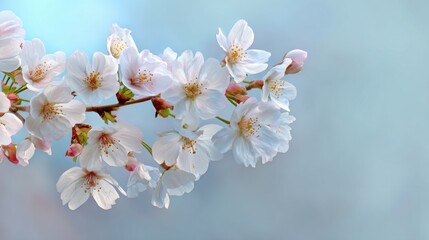 Delicate cherry blossoms bloom on a branch against a soft blue background