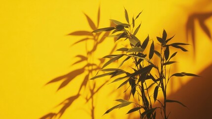 Silhouette of bamboo leaves against a bright yellow background.