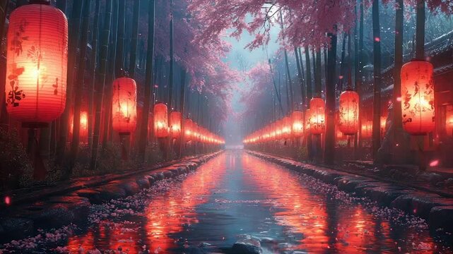 Glowing lanterns illuminate a serene canal path lined with blossoming trees at dusk