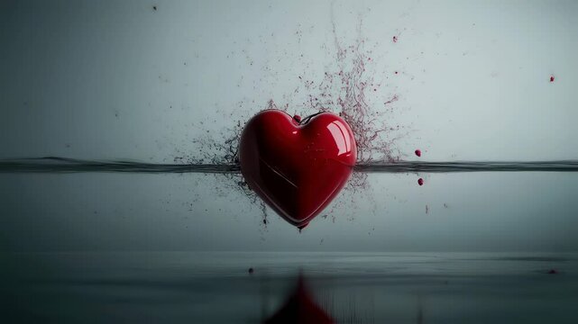 Dynamic red heart shattering in slow motion with dramatic splatter effects