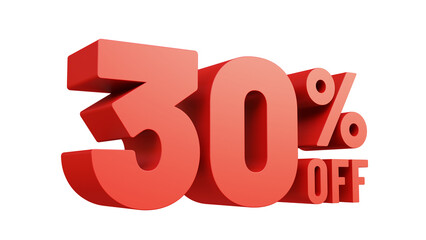 3D render red text 30 percent off isolated background. Off 30 percent. Sale, bonus, promotion or discount concept. Sale banner.