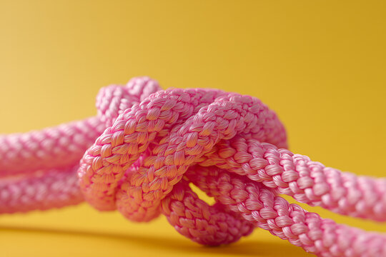 Pink rope knot on a yellow background. Concept: entanglement, problem.