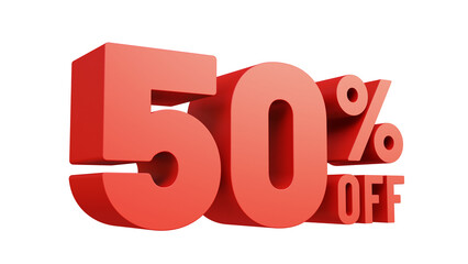 3D render red text 50 percent off isolated background. Off 50 percent. Sale, bonus, promotion or discount concept. Sale banner.