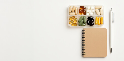 weekly pill organizer with capsules and tablets next to notebook and pen, white background. Concept of supplement tracking, daily medication plan, vitamin intake schedule, banner, copy space, mock up