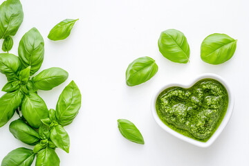 Obraz premium A top-down view of heart-shaped basil leaves arranged with pesto on a white background. The flat lay composition creates a clean, simple aesthetic, with ample copy space for text or product mockup. 