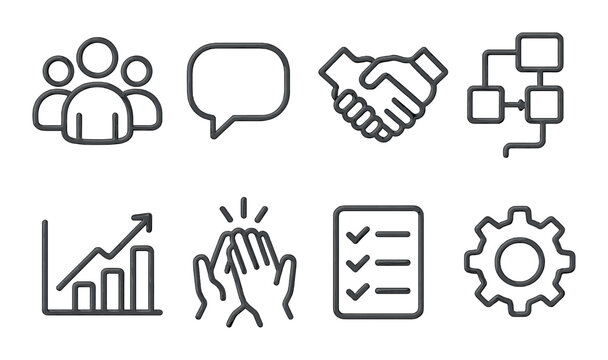 Teamwork symbols in linear style: group icon, chat bubble, handshake, workflow, progress chart, high five, task list, gear.