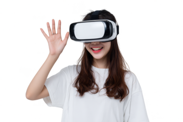 Young Woman wearing VR Headset smiles and waves her hand against a transparent background exploring virtual reality technology.