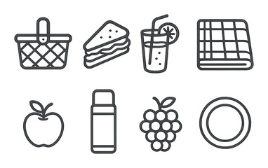 Picnic essentials linear icons: picnic basket, sandwich, lemonade, blanket, apple, thermos, grapes, paper plate.