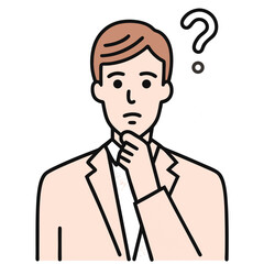 Anxious Caucasian man in a suit contemplates with a question mark hovering above him