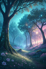 Magical Enchanted Forest Path with Glowing Fireflies and Blooming Flowers at Dusk
