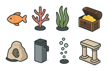 Aquarium items in modern flat vector : fish, coral, seaweed, treasure chest, aquarium rock, filter, bubble stream, tank ornament.