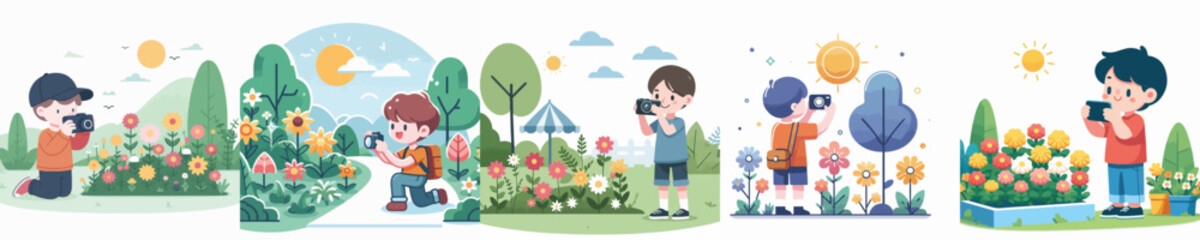 boy character vector photographing flower garden