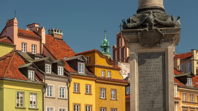 sunny day warsaw city center famous old town exterior monument square panorama timelapse 4k poland