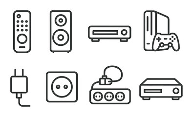 linear style icons of home items: remote control, speaker, DVD player, game console, phone charger, plug socket, power strip, cable box.