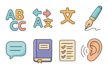 Languages & writing in linear style: ABC letters, translation arrows, foreign characters, writing pen, speech bubble, grammar book, vocabulary list, listening ear.
