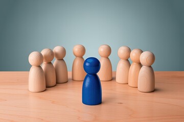 Blue wooden peg doll leader surrounded by beige pegs on wooden table