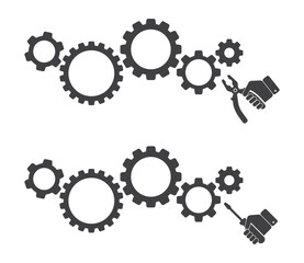 pliers and screwdriver tool with cog gear mechanism icon set