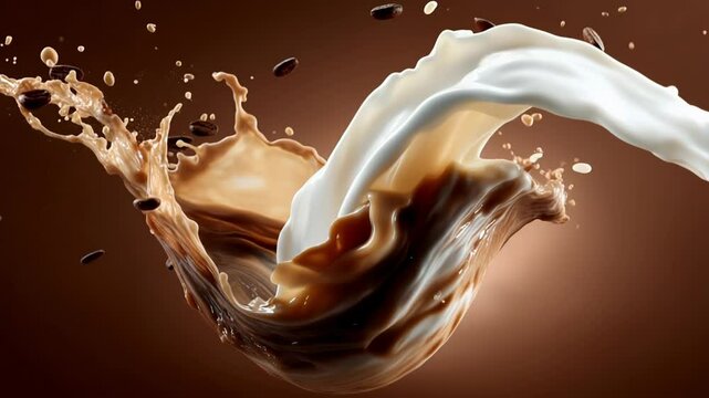 A spectacular blend of coffee and cream creates an artistic splash that captivates the senses, highlighting the joyful experience of enjoying a delicious beverage in a warm atmosphere.