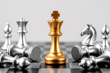 Gold chess king standing tall among fallen silver pieces