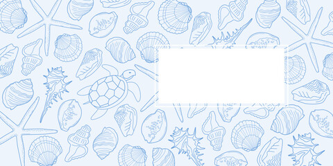 Banner template with contour pattern of shells in blue color. Vector horizontal background.