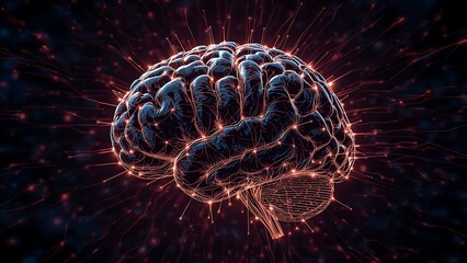 Fototapeta premium Futuristic digital brain made of particles and glowing energy lines symbolizing data-driven artificial intelligence system.