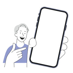 Smiling man points at a large smartphone showcasing an empty white screen for content