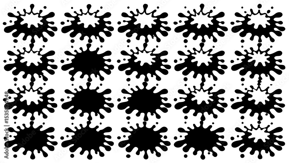 Poster abstract vector design featuring black paint splatters arranged in a repeating pattern with white ba