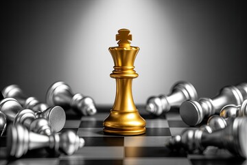 Golden chess king standing victorious over fallen opponents
