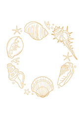 Round frame of sea shells on white background. Vector template.