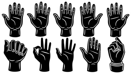 Black and white hand gestures illustration depicting various human hand poses and sign language on a white background