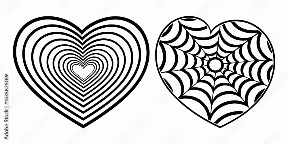 Poster graphic design of two decorative hearts one with concentric lines and the other featuring a web patt