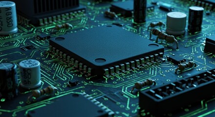 Electronic circuit board microchip components closeup