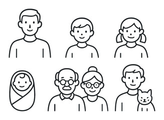 Family roles in linear style: father, mother, son, daughter, baby, grandparents, sibling, pet owner.