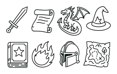 Fantasy RPG: sword, scroll, dragon, wizard hat, spell book, fireball, helmet, map. Linear style, isolated, no text