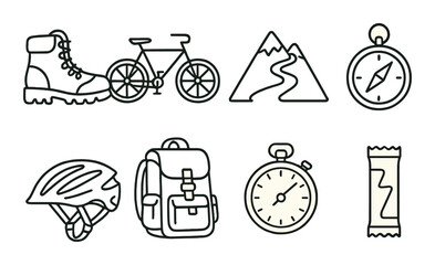 Outdoor sports in linear style: hiking boot, bicycle, mountain trail, compass, helmet, backpack, stopwatch, energy bar.