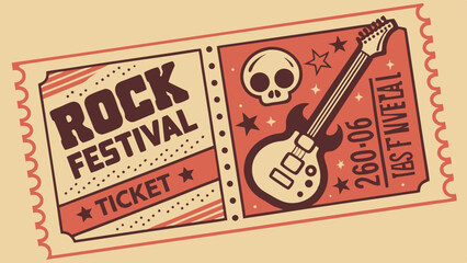 Vector world rock day rock festival ticket design template for music events and concerts with guitar and skull illustration