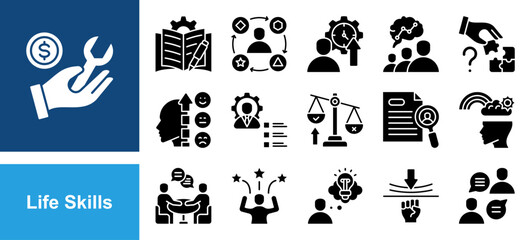 Fototapeta premium Life Skills icon set with Communication, Problem solving, Emotional intelligence, Soft skills, Resilience, Creative thinking, Confidence.