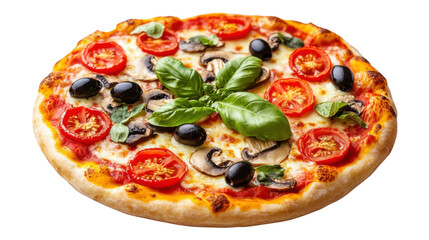 delicious vegetarian pizza with tomatoes and mushrooms  on white background