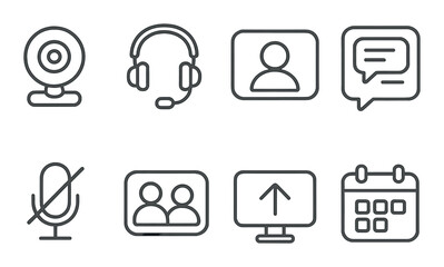 Online meetings in linear style: webcam, headphones, video tile, chat window, mic mute, participants icon, screen share, calendar.