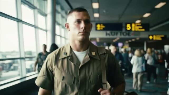 A military service member in uniform moves through a crowded airport terminal filled with travelers. Faces show various emotions as farewells are exchanged and anticipation builds