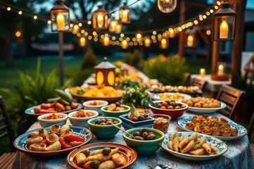 Fototapeta premium Twilight tapas feast under lights