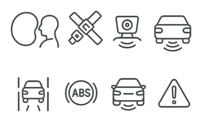 Car safety: airbag, seatbelt, camera, parking sensor, lane assist, ABS, emergency brake, alert icon. Linear style, isolated, no text