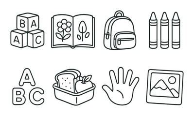 Preschool items in linear style: toy blocks, coloring book, small backpack, crayons, alphabet letters, snack box, handprint, picture card.