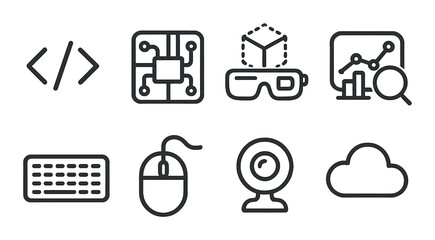 Technology, linear style: code symbol, circuit board, augmented reality icon, data analytics chart, keyboard, mouse, webcam, cloud icon.