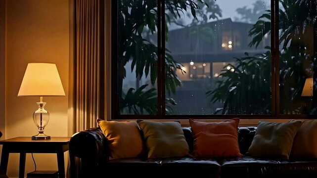 a cozy living room with a large window, looking out at a rainy night. The window has a double-pane design and is covered in raindrops. The room has a dark leather couch with several pillows, including