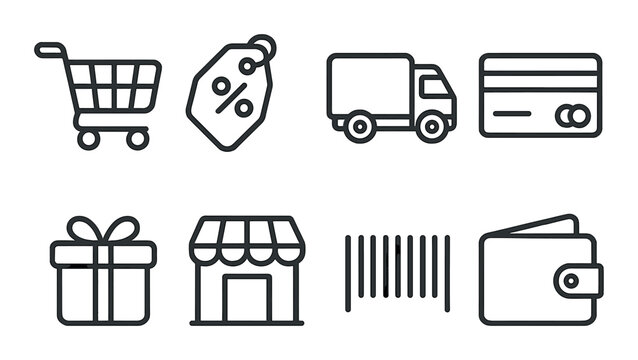 Online shopping in linear style: shopping cart, discount tag, delivery truck, credit card, gift box, store icon, barcode, wallet.