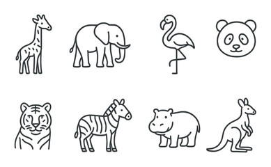 Zoo animals linear icons: giraffe, elephant, flamingo, panda, tiger, zebra, hippo, kangaroo.