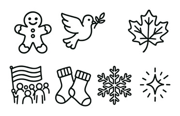 Holidays and emotions, linear style: gingerbread cookie, peace dove, autumn leaf, surprise face, pride parade, cozy socks, first snowflake, spark of hope.