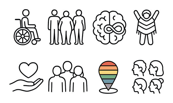 Diversity and inclusion, linear style: adaptive technology, people with different body shapes, neurodiversity brain, cultural celebration, care support icon, inclusive group icon, rainbow pin,