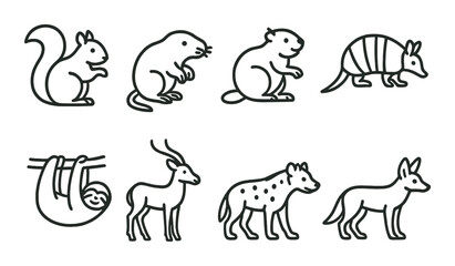 linear style icons of animals: squirrel, mole, beaver, armadillo, sloth, antelope, hyena, jackal.